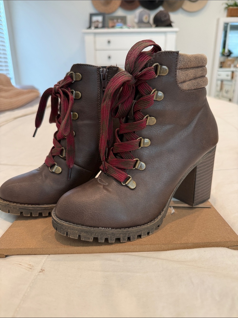 Maurices Brown Lace-Up Block Heel Ankle Boots with Burgundy Laces